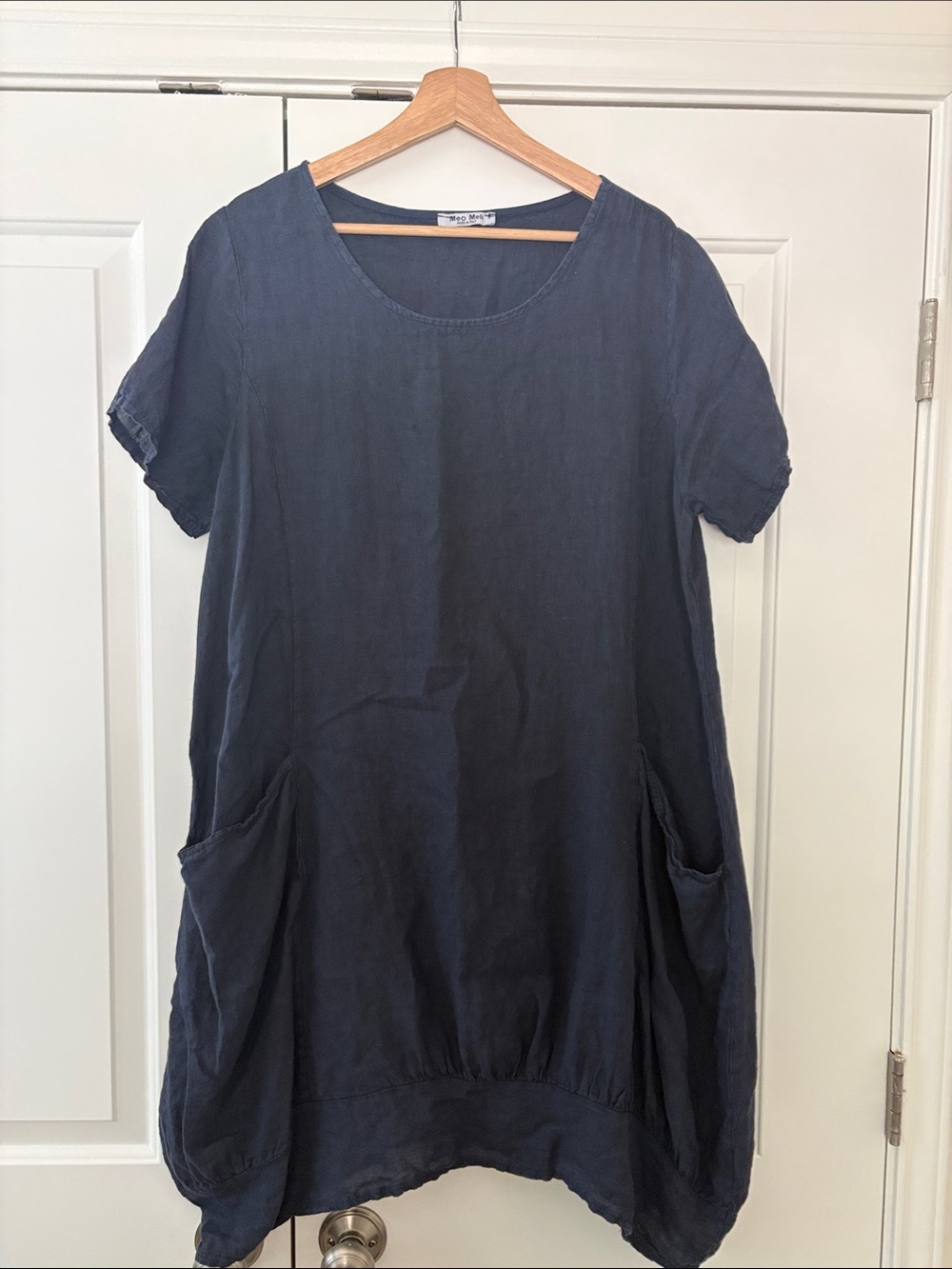Meo Meli Italian Linen Midi Pocket Dress Tulip Hem Navy Blue